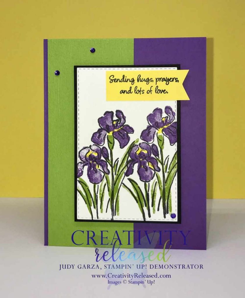 Colorful card with focal point being purple irises