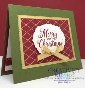 Merry Christmas sentiment atop designer series paper in Cherry Cobbler and Mossy Meadow