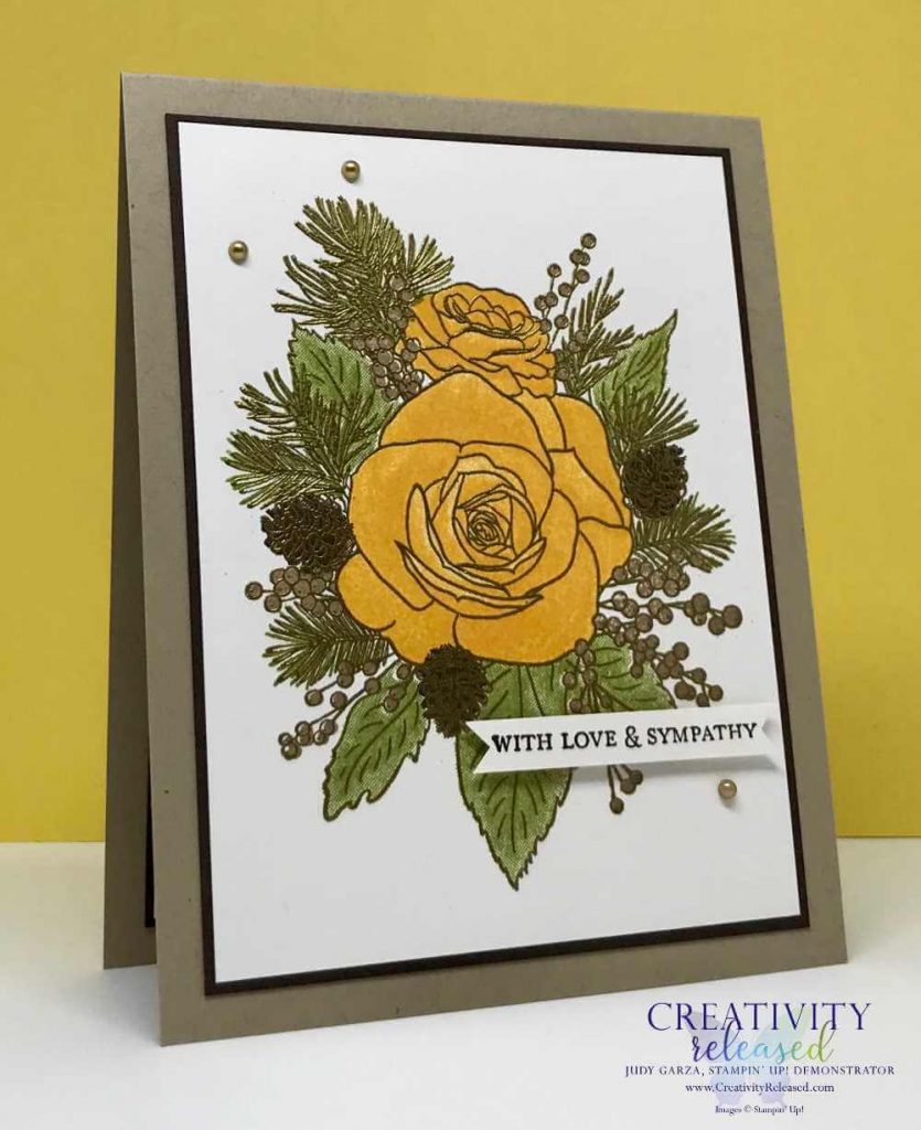 Yellow Rose arrangement with the sentiment of Love and Sympathy on the card front.