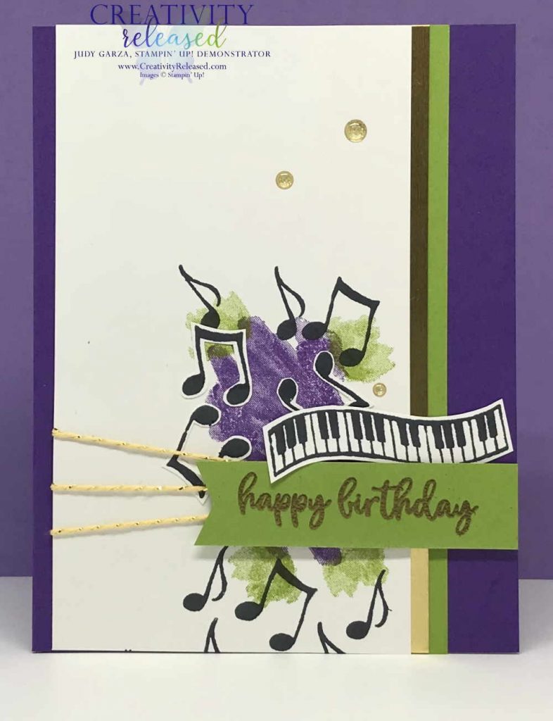 A birthday card using Gorgeous Grape, Granny Apple Green and Gold Foil with a keyboard and musical notes.