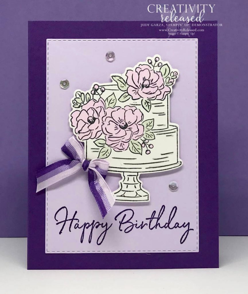 Birthday Cake card using Gorgeous Grape and Purple Posy cardstock
