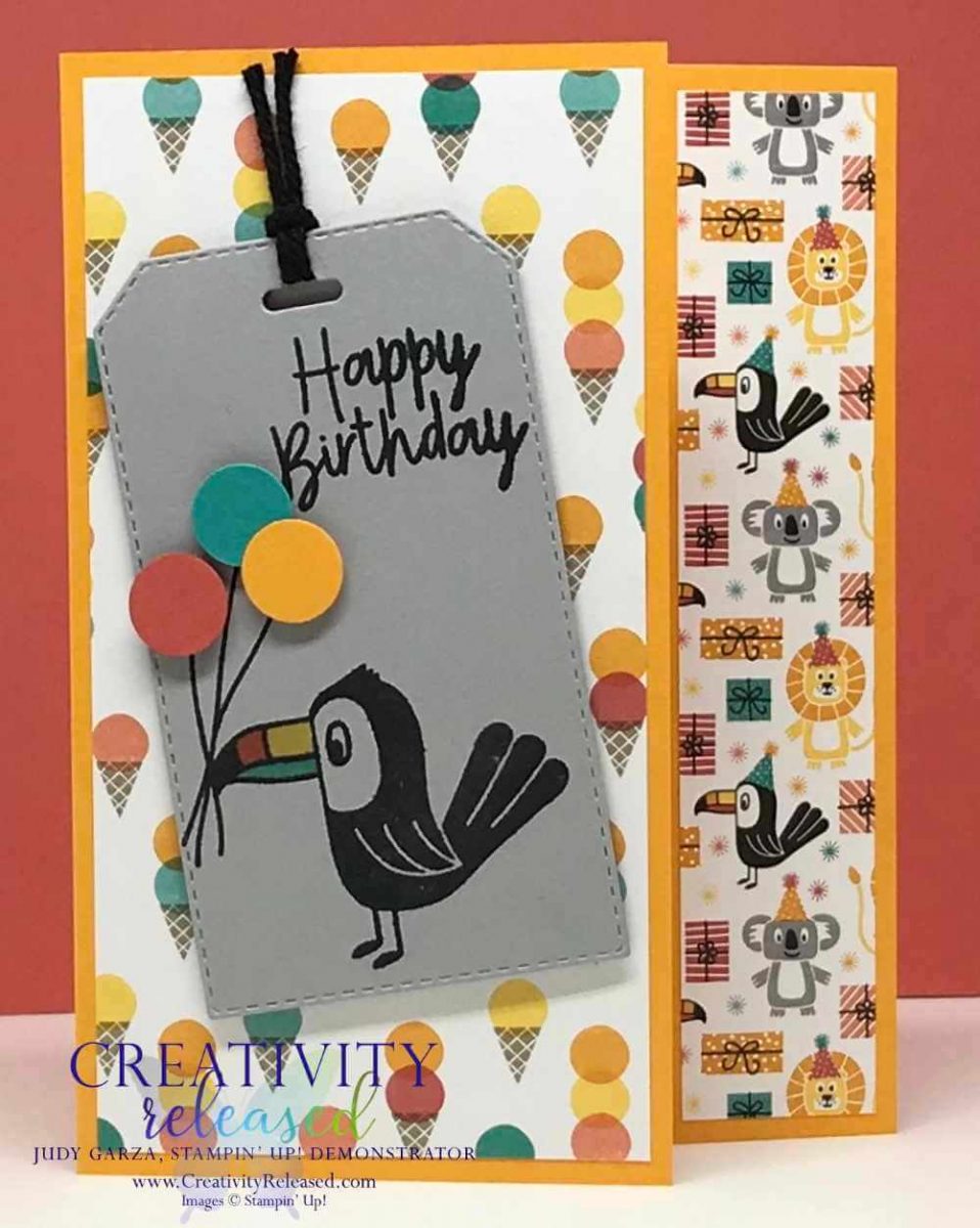 A birthday card with a tucan holding three ballons, using the Stampin' Up! Bonanza Buddies Bundle