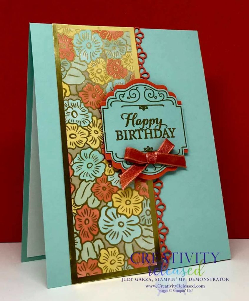 A birthday card in Mint Macaron, Coral and Daffodil using the Layered with Kindness stamp set and Label Me Lovely Punch by Stampin' Up!