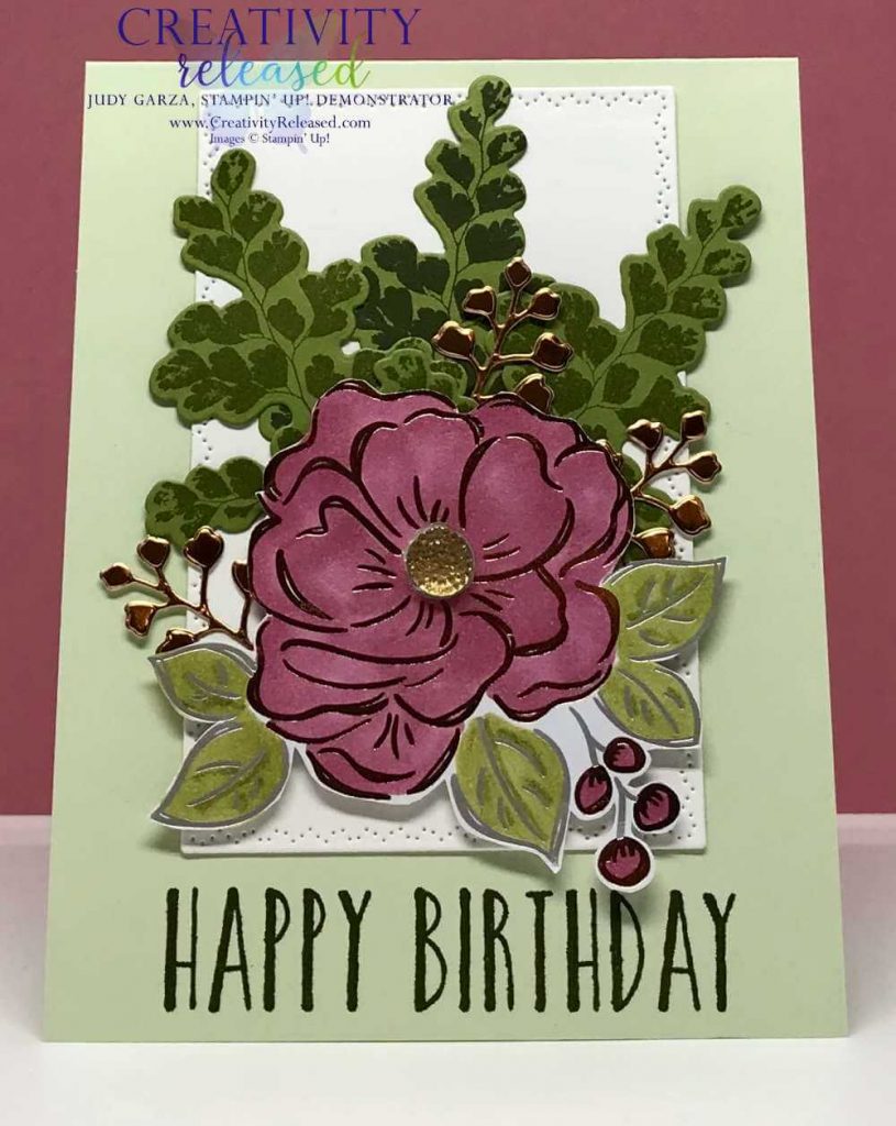 A Birthday card made with the Stampin' Up! Perennial Birthday stamps and the Positive Thoughts stamp set. Done in greens and Rococo Rose