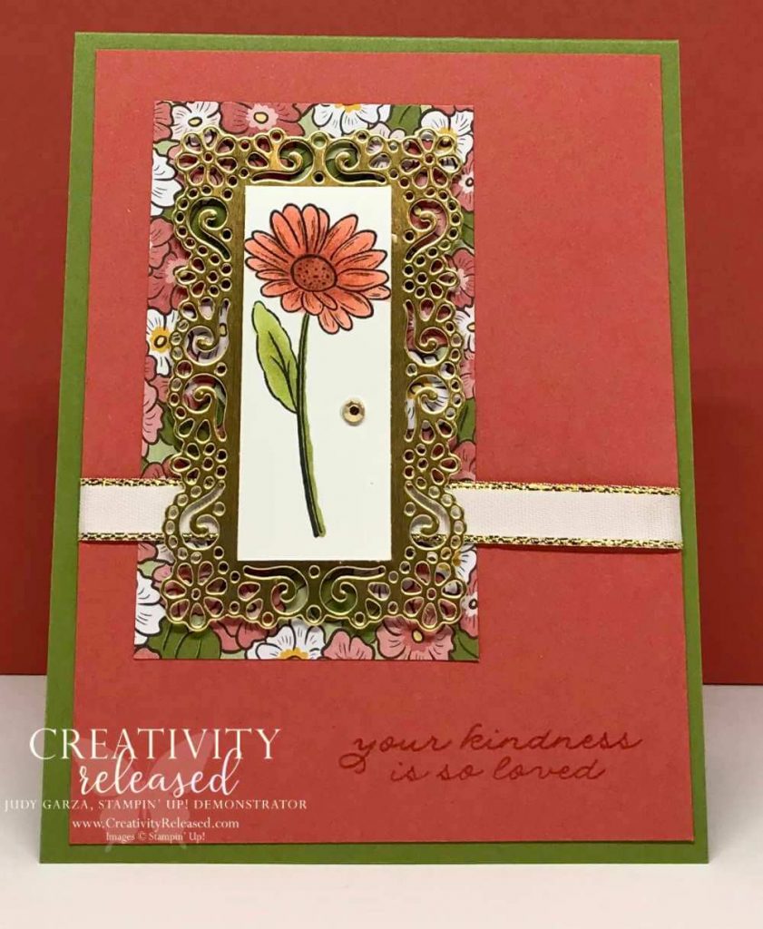 A "thank you for your kindness" card showcasing the single daisy from the Ornate Garden Suite by Stampin' Up!
