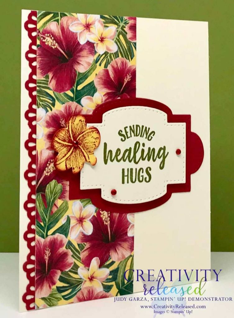A get-well card using retiring Tropical Oasis DSP and Decorative Ribbon Border punch by Stampin' Up!