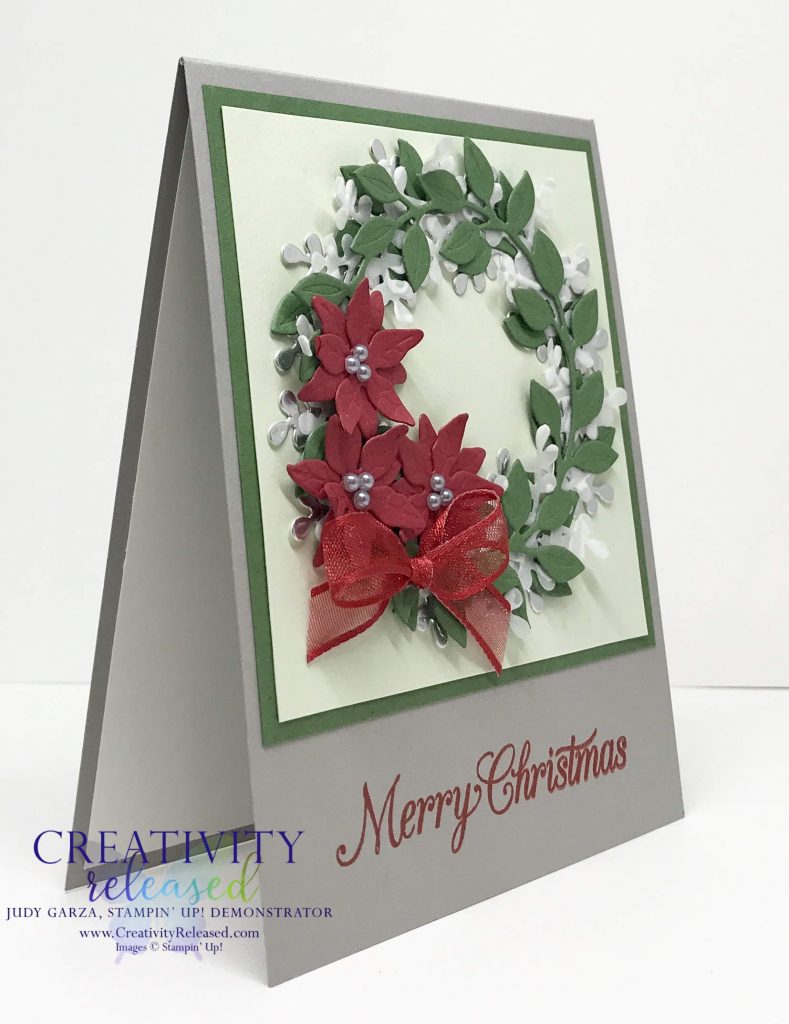 Side view of Stampin' Up!'s Arange A Wreath Bundle meets Poinsettia dies for a lovely Christmas Card.