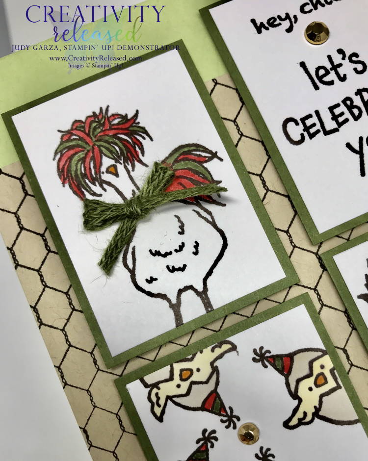 A close up view of Let's Celebrate You card using the Hey, Chick and Hey, Birthday Chick stamp sets by Stampin' Up!