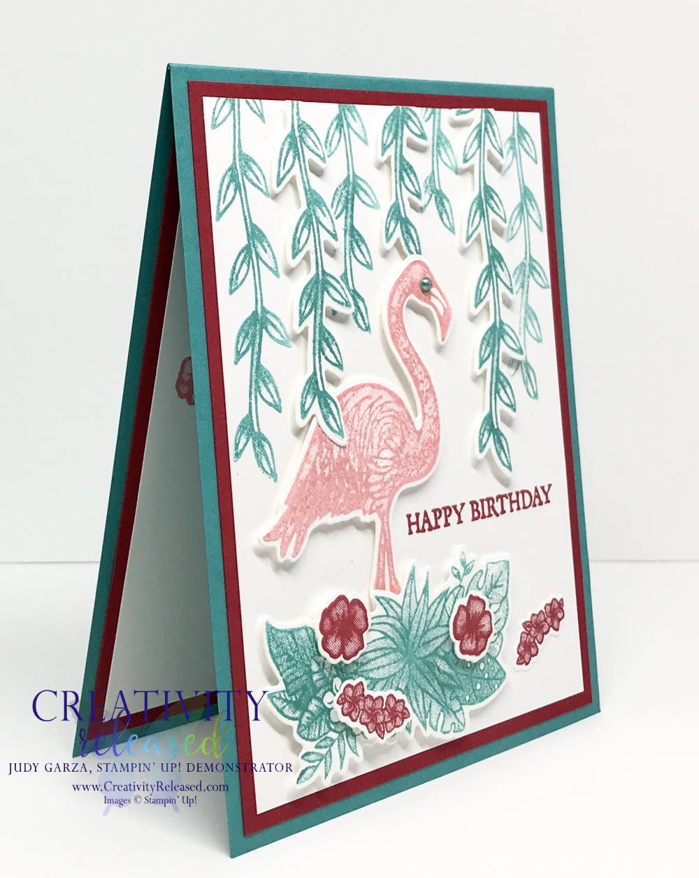 Side view of a birthday card using the Friendly Flamingo bundle from Stampin' Up!