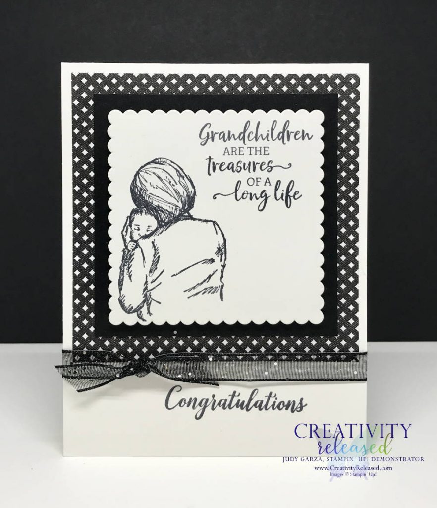 A black and white Stampin' Up! greeting card congratulating a new grandparent.