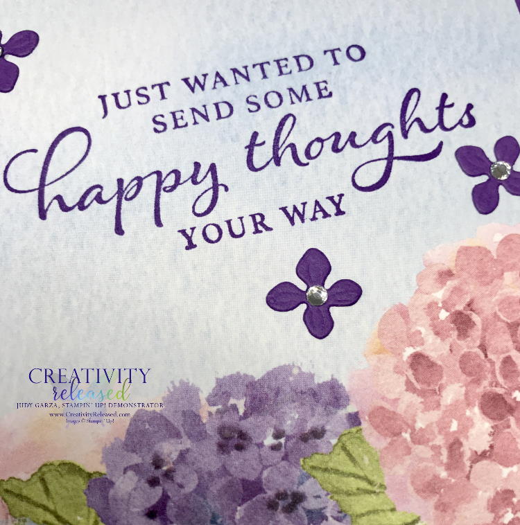 An up-close look at a greeting card made with the Hydragia Haven stamp set to send Happy Thoughts to a friend.