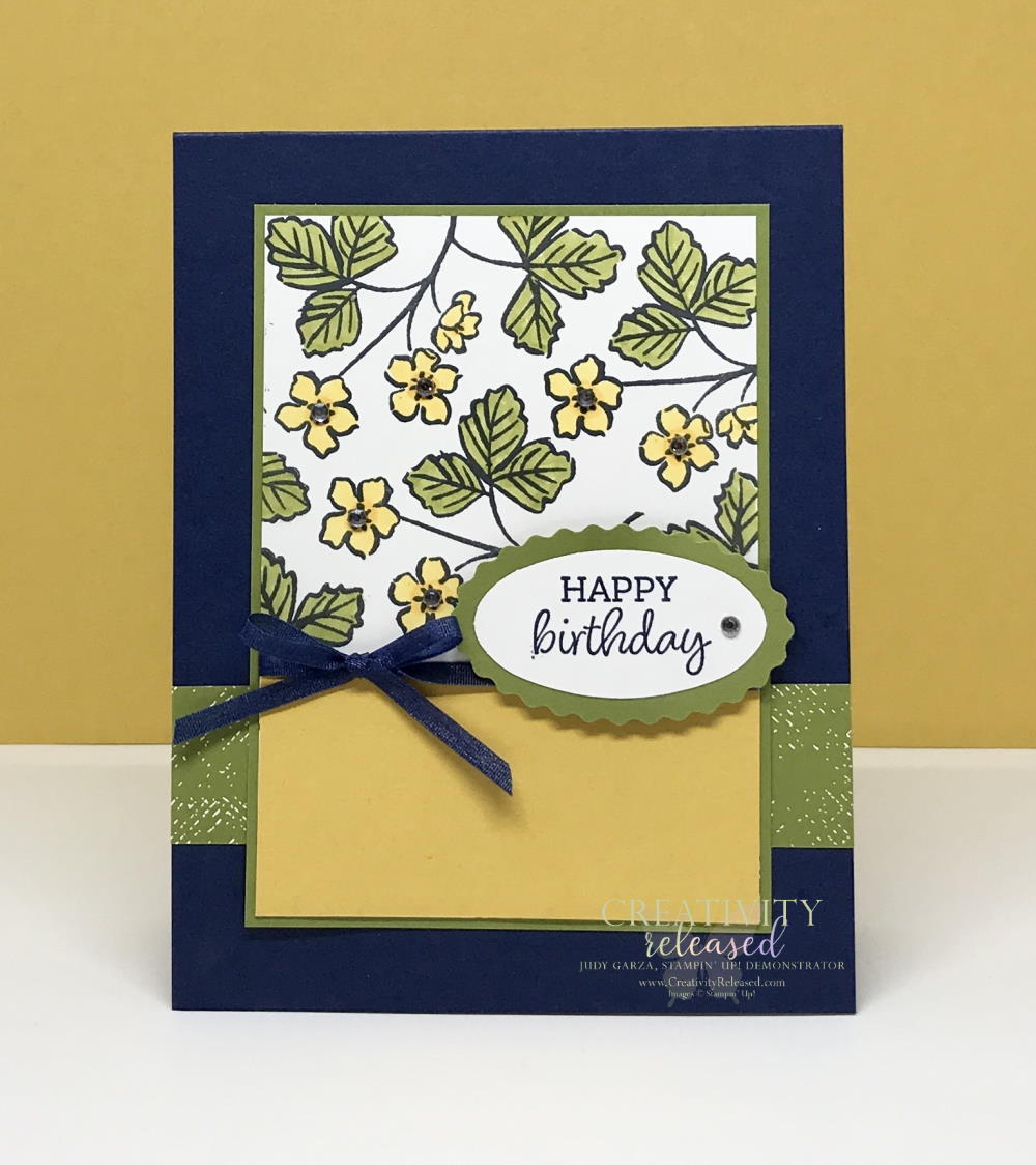 A birthday card showing the product coordination of Stampin' Up! Products on a birthday card in Night of Navy, Bumble Bee and Old Olive.