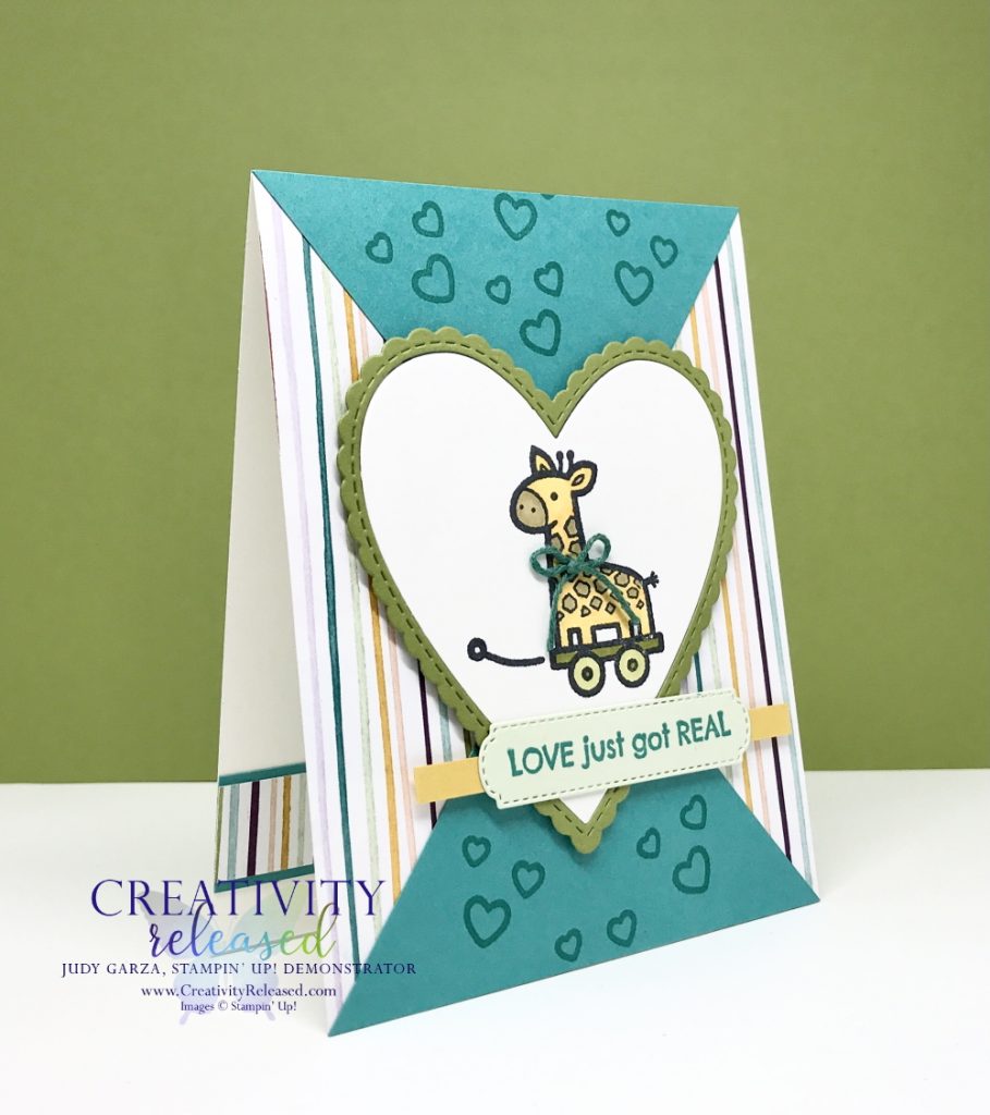 The side view of a new baby card with a Pull Toy image by Stampin' Up! on the front.