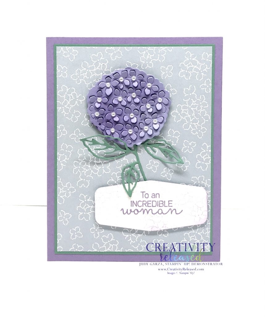 A card using the Stampin' Up! colors Highland Heather, Just Jade and Seaside Spray. showing a hydrangea focal point on seaside spray DSP.