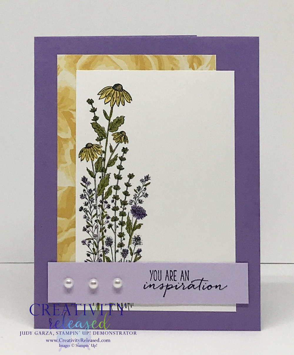 An uplifting card made with the Dragonfly Garden stamp set by Stampin' Up! using purples and yellows.
