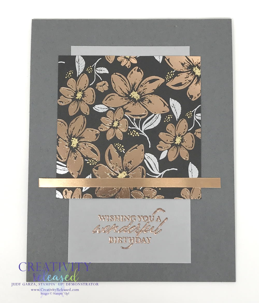 An elegant birthday card made from Stampin' Up!'s Elegantly Said stamp set and DSP to meet the CCMC665 color challenge.