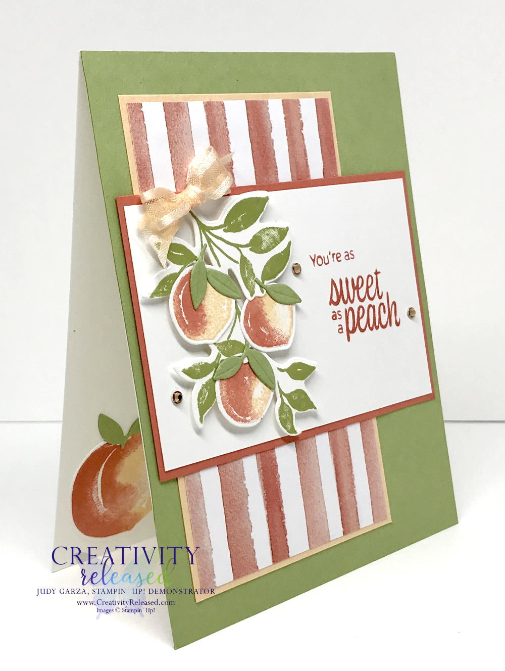 A side view of a Peachy Birthday card using the new Sweet as a Peach Bundle by Stampin' Up!