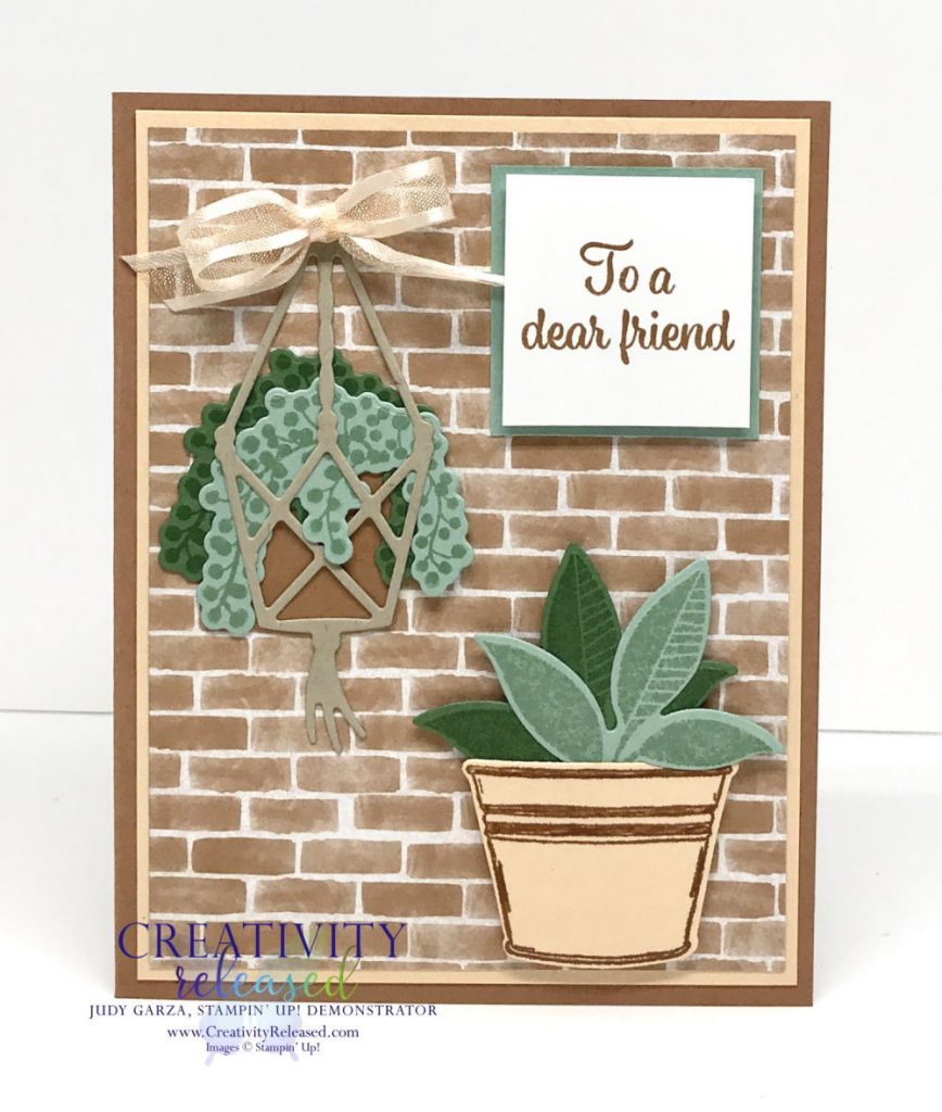 A thank you card using Stampin' Up! stamp set 'Plentiful Plants' with a Cimmamon Cider, Mint Macaron, and Pale Papaya color combination.