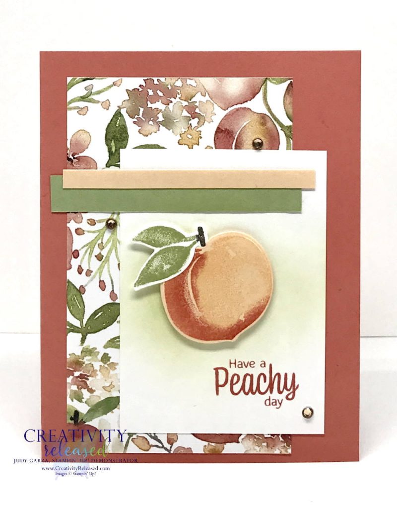 A summertime card for a friend. The sentiment reads "Have a Peachy Day" from the stamp set Sweet As A Peach by Stampin' Up!