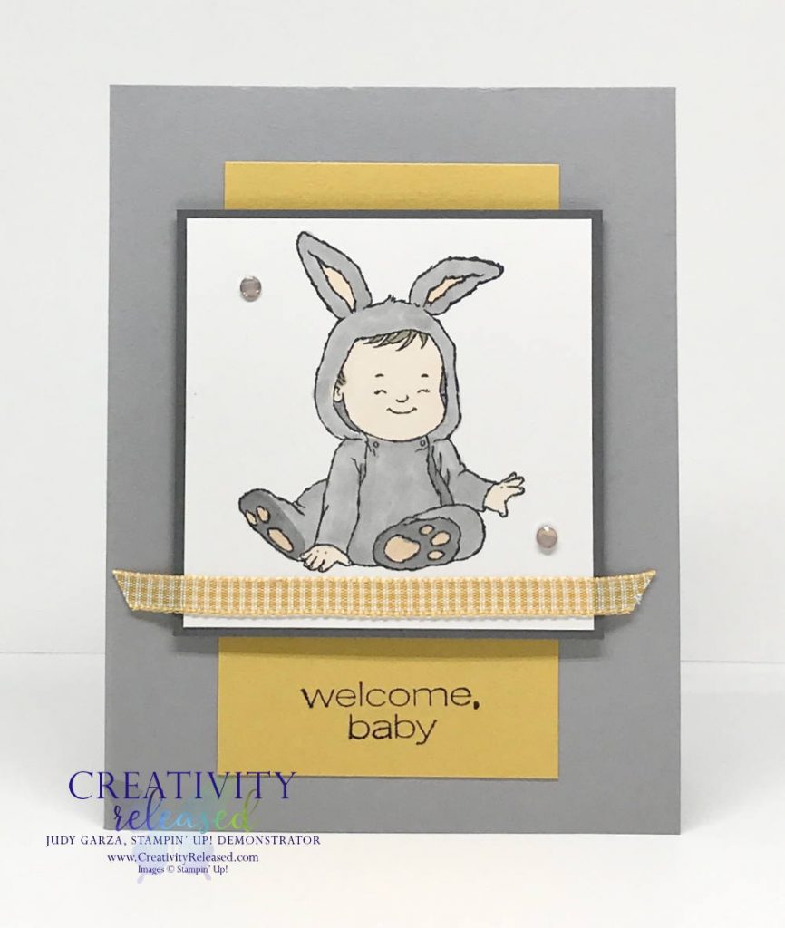 A "welcome baby" card made with Stampin' Up!'s stamp set, Wildly Adorable. Done in grays and yellows, this is a simple-to-make, adorable card.