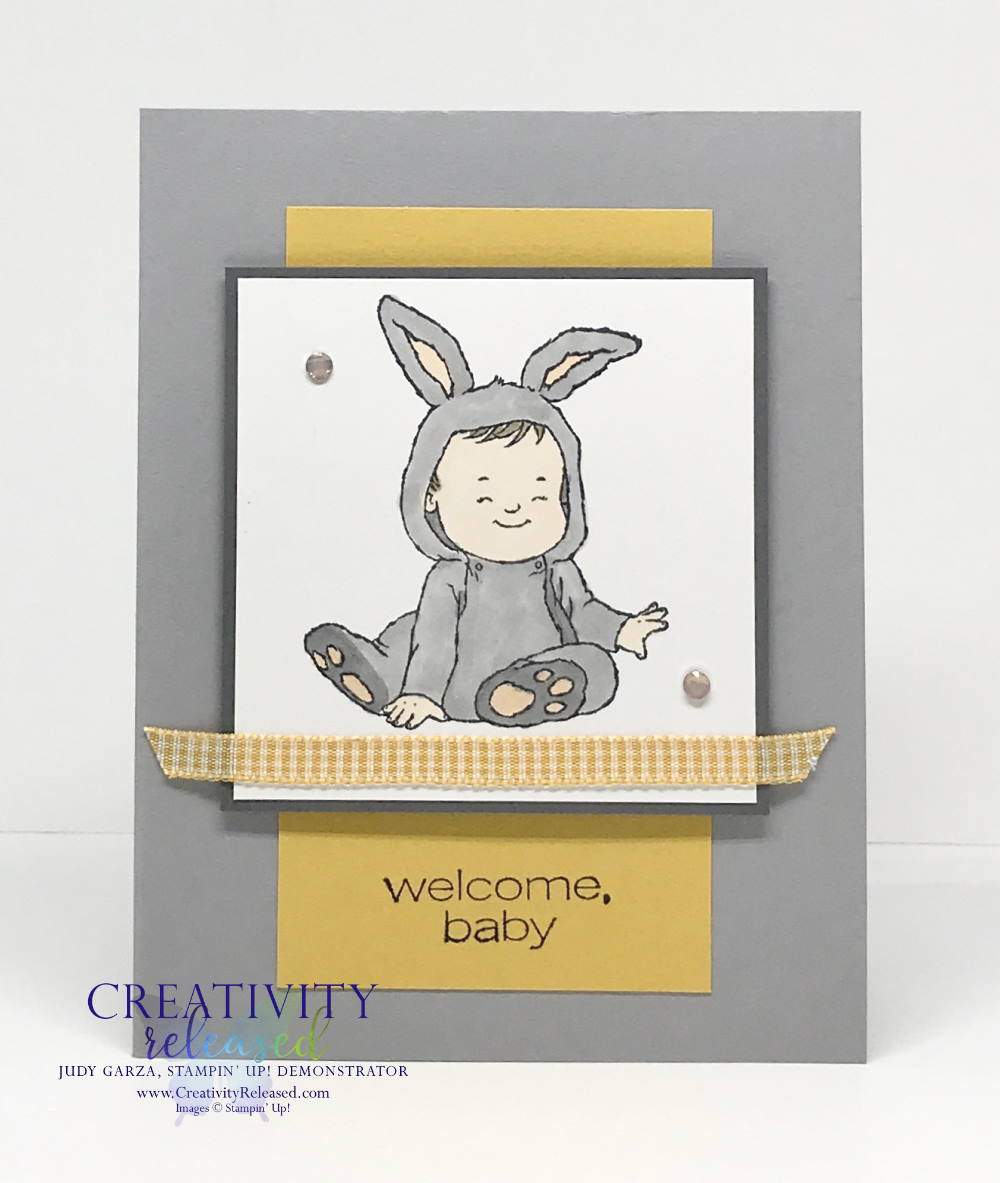 A "welcome baby" card made with Stampin' Up!'s stamp set, Wildly Adorable. Done in grays and yellows, this is a simple-to-make, adorable card.