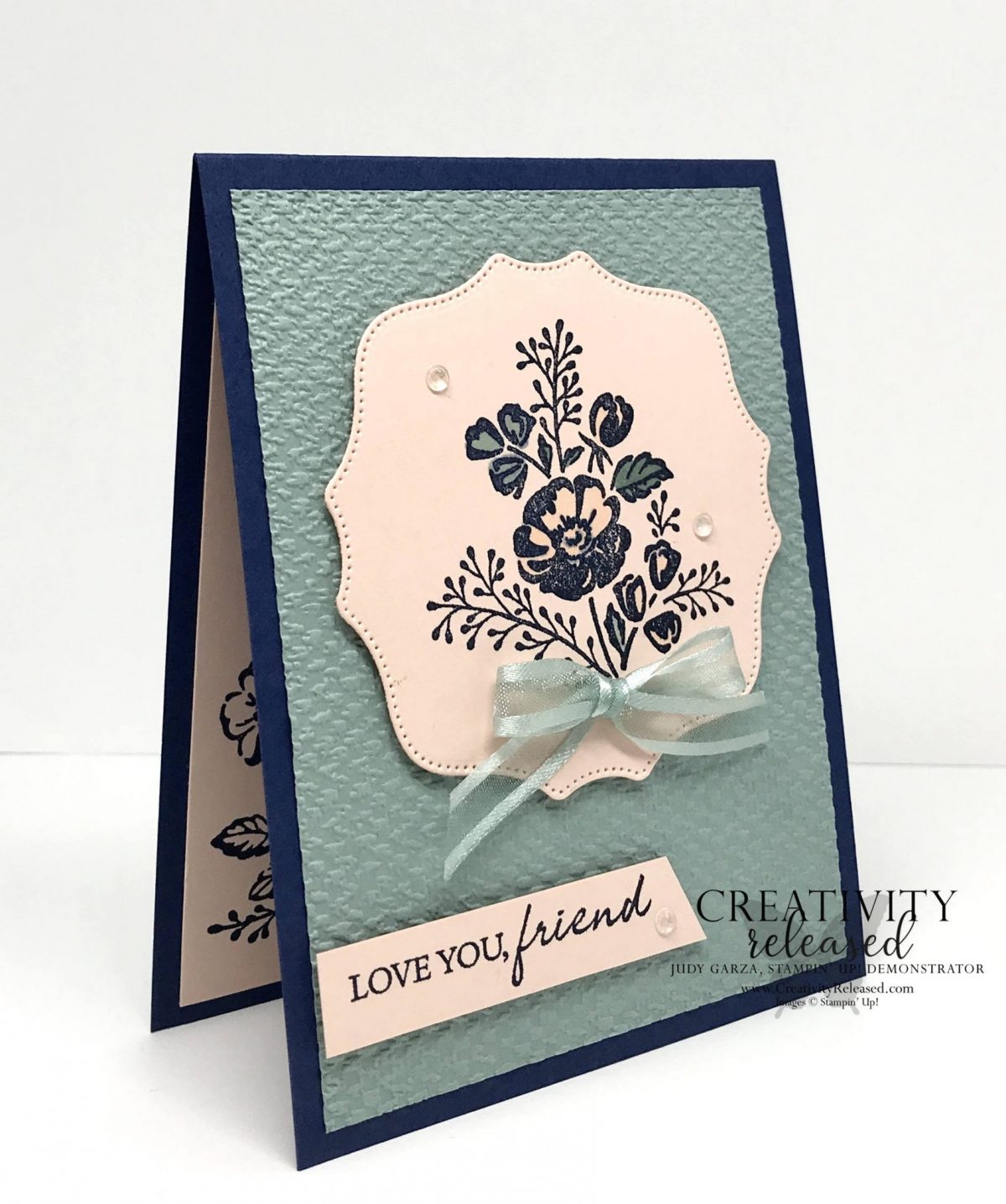 A side view of a friendship card made to meet the color challenge of Night of Navy, Petal Pink and Soft Succulent using Shaded Summer stamp set by Stampin' Up!