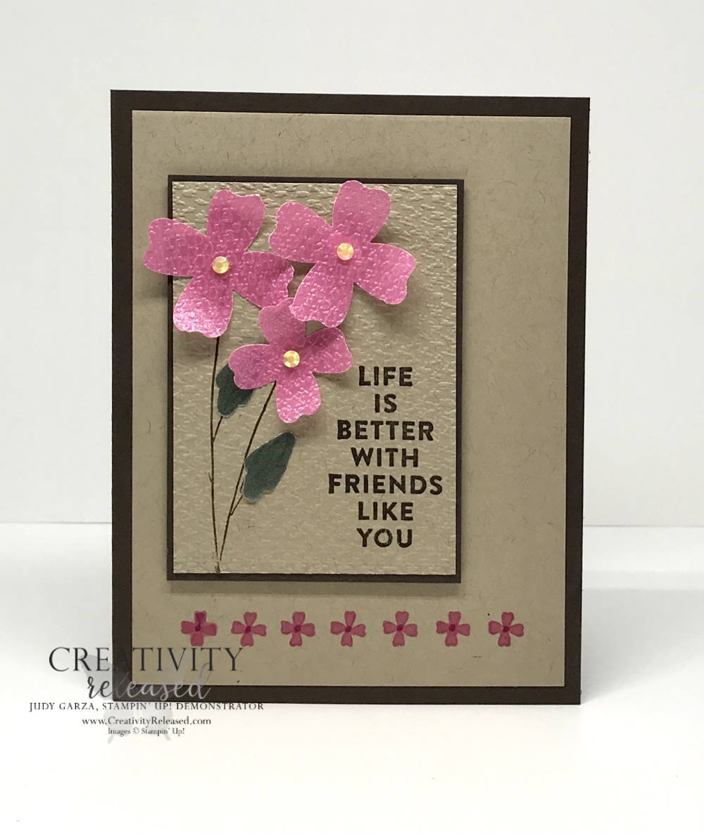 A 'Life is Better With Friends' card to complete the CCMC684 color challenge using Polished Pink Vellum and the Flowers of Friendship stamp set by Stampin' Up!