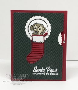 A Give It A Whirl card with a dog in the stocking. Dies by Stampin' Up!