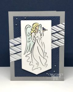 AChristmas card with an angel in a flowing robe stamped on a banner and , accented by strips of shiny, silver-striped DSP. All images are from Stampin' Up!