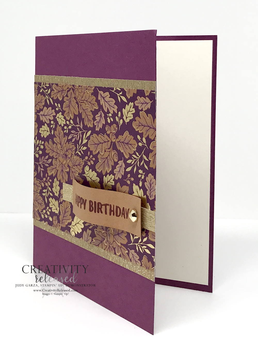 A side view of a fall birthday card using Rich Razzleberry cardstock and Blackberry Beaty DSP by Stampin' Up!