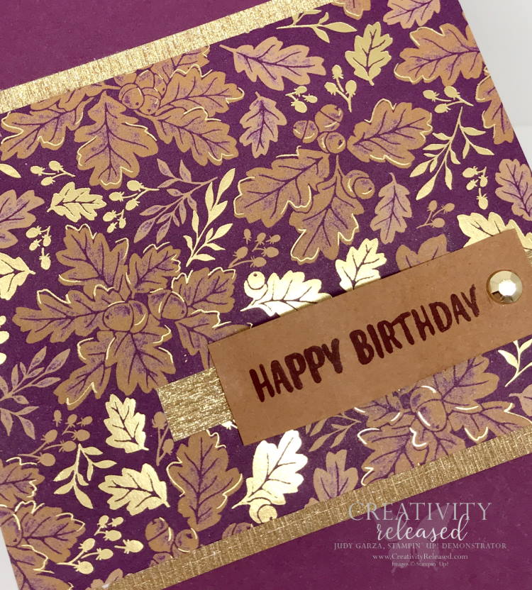 An up-close view of a fall birthday card using Rich Razzleberry cardstock and Blackberry Beaty DSP by Stampin' Up!