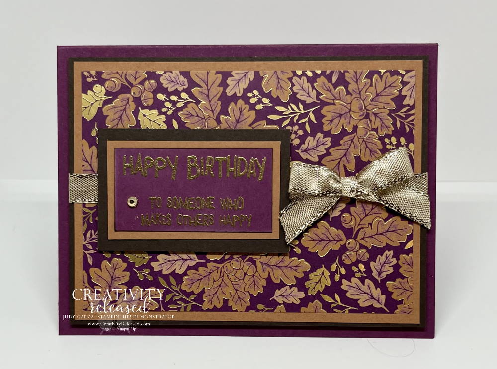 A birthday card using DSP with the colors found in the CCMC 692 Thursday Challenge, using all Stampin' Up! products. A pop of shiny gold ribbon and a gilded gem accent the card.