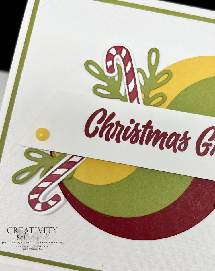 An up-close look at a Christmas Greetings card using Bumblebee, Old Olive and Cherry Cobbler cardstock, representing the my favorite Christmas color combination thereby, fulfilling the CCMC694 Thursday challenge using all Stampin' Up! products.
