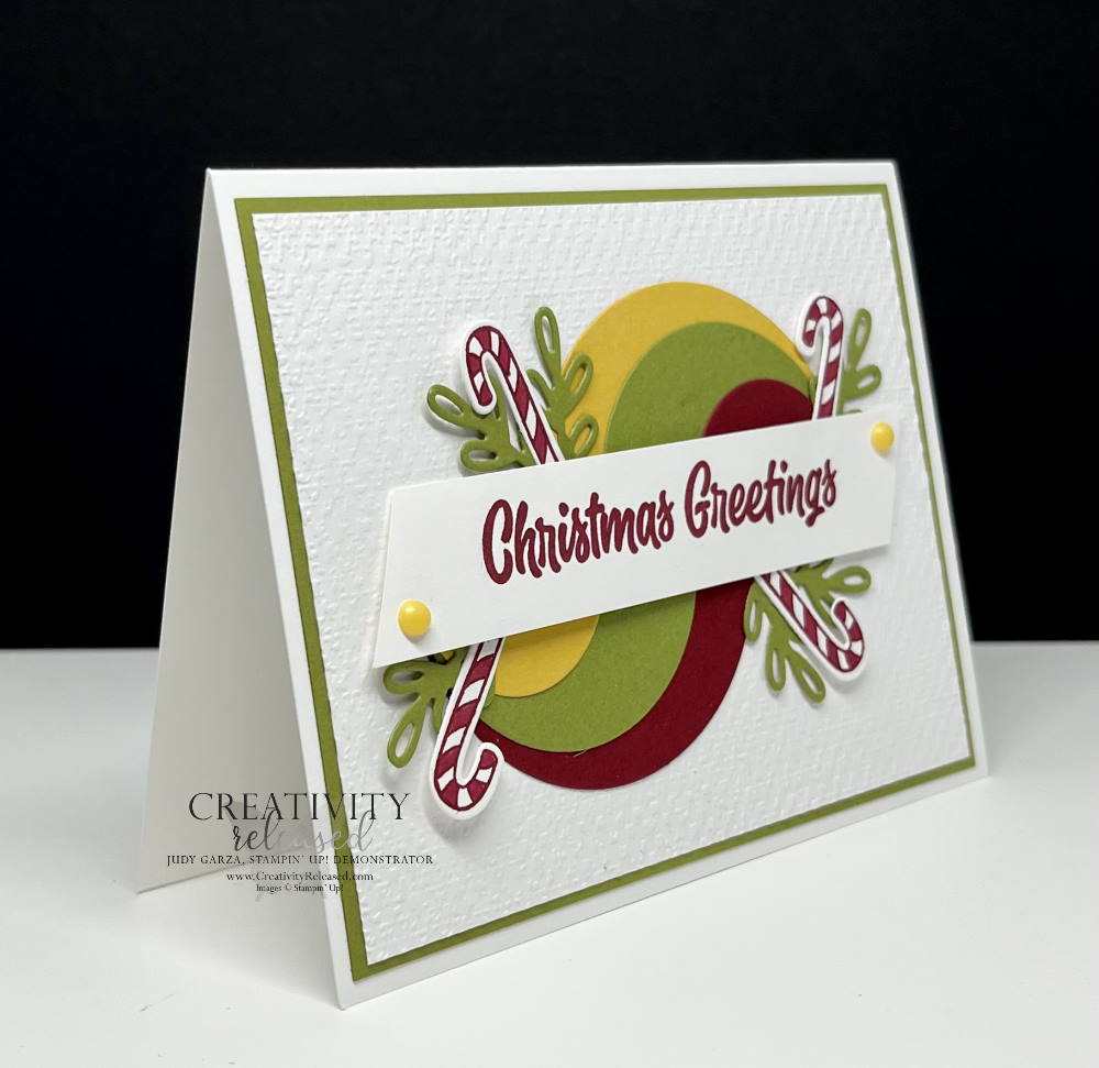 A side view of a Christmas Greetings card using Bumblebee, Old Olive and Cherry Cobbler cardstock, representing the my favorite Christmas color combination thereby, fulfilling the CCMC694 Thursday challenge using all Stampin' Up! products.