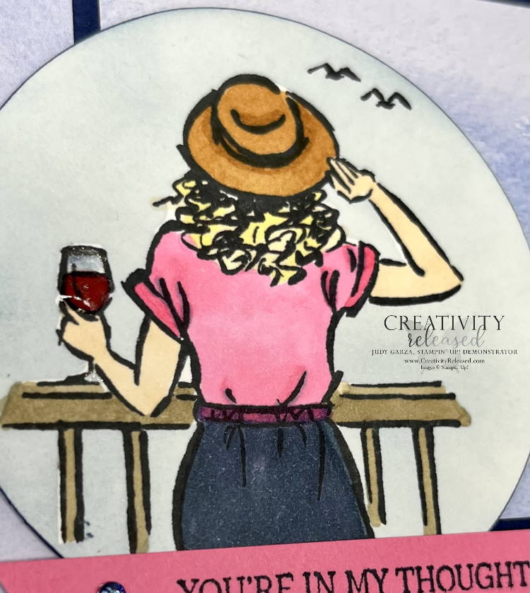 An up-close look at an "in my thoughts" card using only Stampin' Up! products to fulfill the CCMC695 Thursday Sketch Challenge. The image shows a close-up of the young lady looking out to the sky and/or water, seeing birds in flight. She is holding a glass of wine.