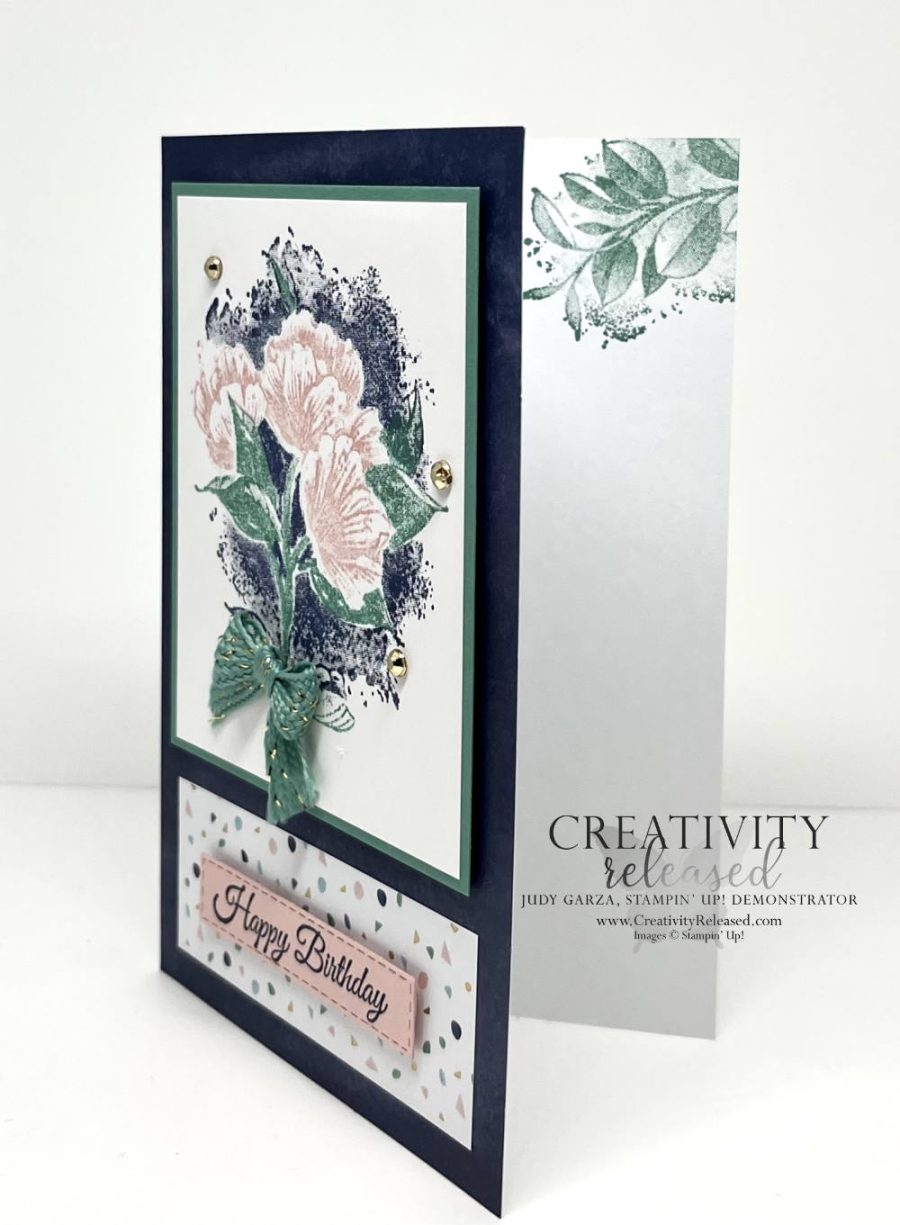 A side and inside view of a birthday card using the Abstract Beauty DSP, card and envelopes along with the Calming Camellia stamp set by Stampin' Up! to meet the CCMC698 color Challenge.
