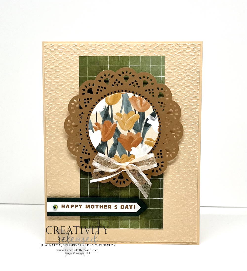 A Mother's Day card with a focal point of yellow and orange tulips. All products are by Stampin' Up!