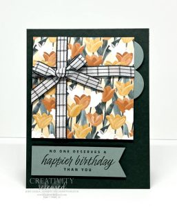 A Tulip Birthday Card featuring the Flowering Fields DSP on Evening Evergreen cardstock by Stampin' Up!