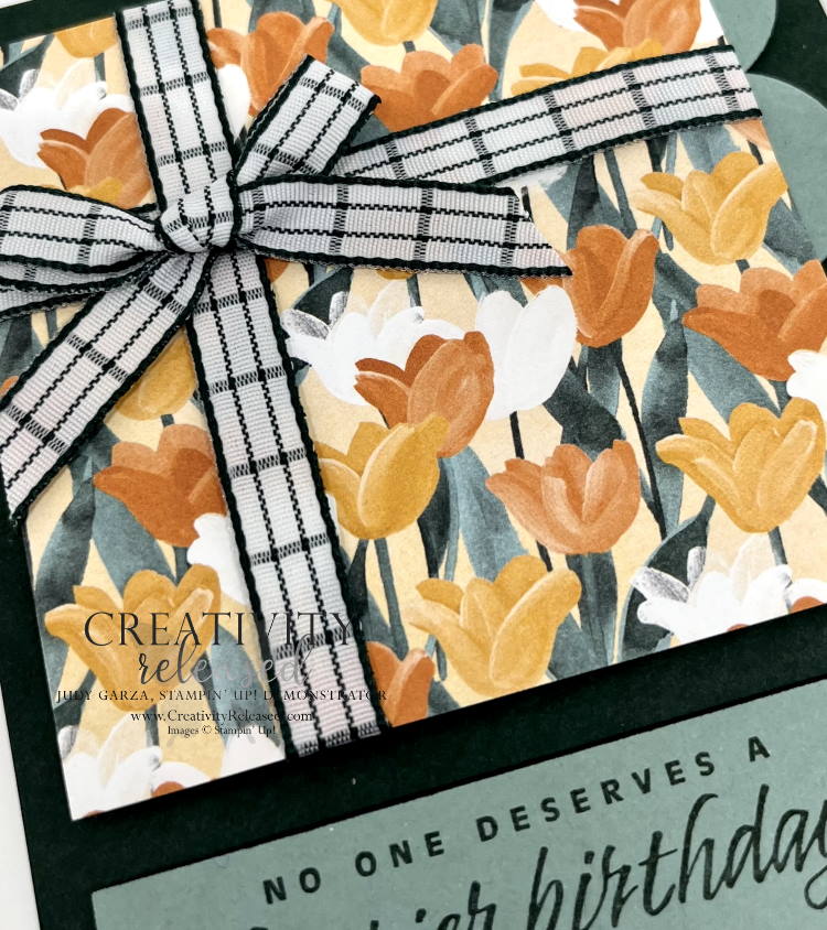 An up-close look at a Tulip Birthday Card featuring the Flowering Fields DSP on Evening Evergreen cardstock by Stampin' Up!