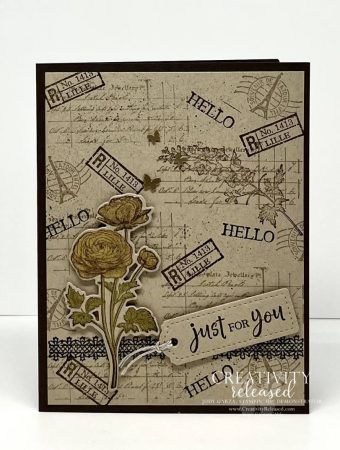 collage stamped "Just for You" card using the Ranunculus stamp set by Stampin' Up! The colors are Early Espresso and Crumb Cake.