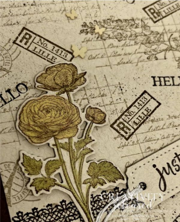 An up-close look at a collage stamped "Just for You" card using the Ranunculus stamp set by Stampin' Up! The colors are Early Espresso and Crumb Cake.