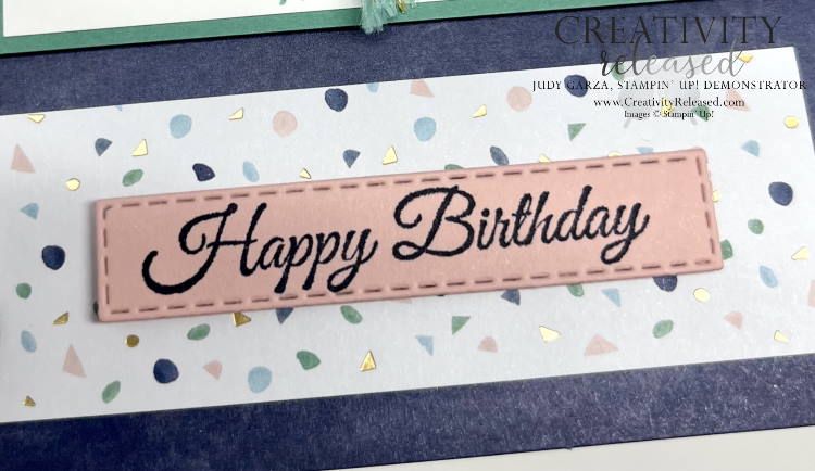 An up-close look at the Happy Birthday sentiment on a birthday card using the Abstract Beauty DSP, card and envelopes along with the Calming Camellia stamp set by Stampin' Up! to meet the CCMC698 color Challenge.