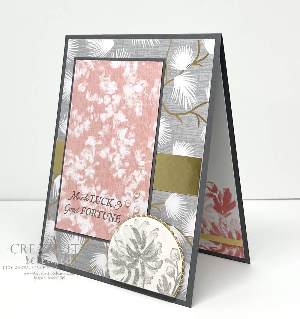 Side view of a greeting card wishing Luck and Good Fortune using the Sympbols of Fortune designer paper by Stampin' Up!