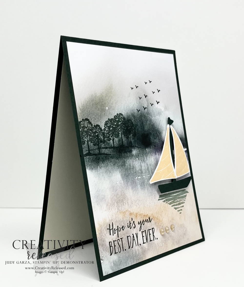 A side view of a masculine birthday card using New Horizon's DSP and the Let's Set Sail stamp set by Stampin' Up!