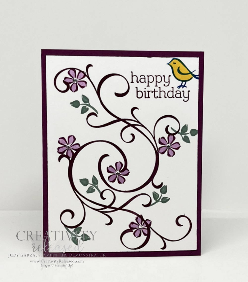 A birthday card using Sentimental Swirls in colors Rich Razzleberry, Fresh Freesia and Soft Succulent to meet the CCMC 708 Color Challenge