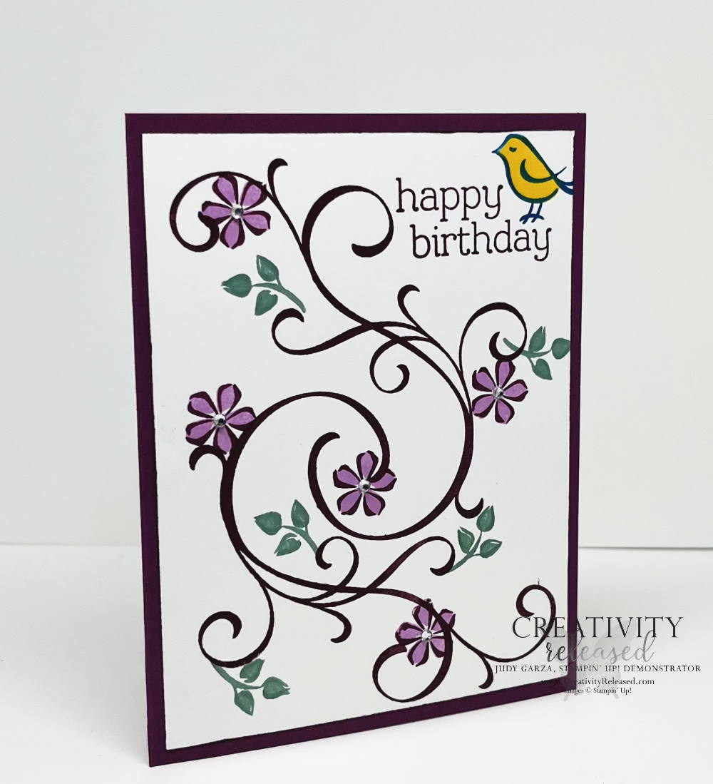 A side view of a birthday card using Sentimental Swirls in colors Rich Razzleberry, Fresh Freesia and Soft Succulent to meet the CCMC 708 Color Challenge.