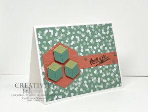 A side view of a thank-you card that shows how to make squares from the diamonds from the Stampin' Up! Sentimental Swirls dies using the CCMC712 Color Challenge.
