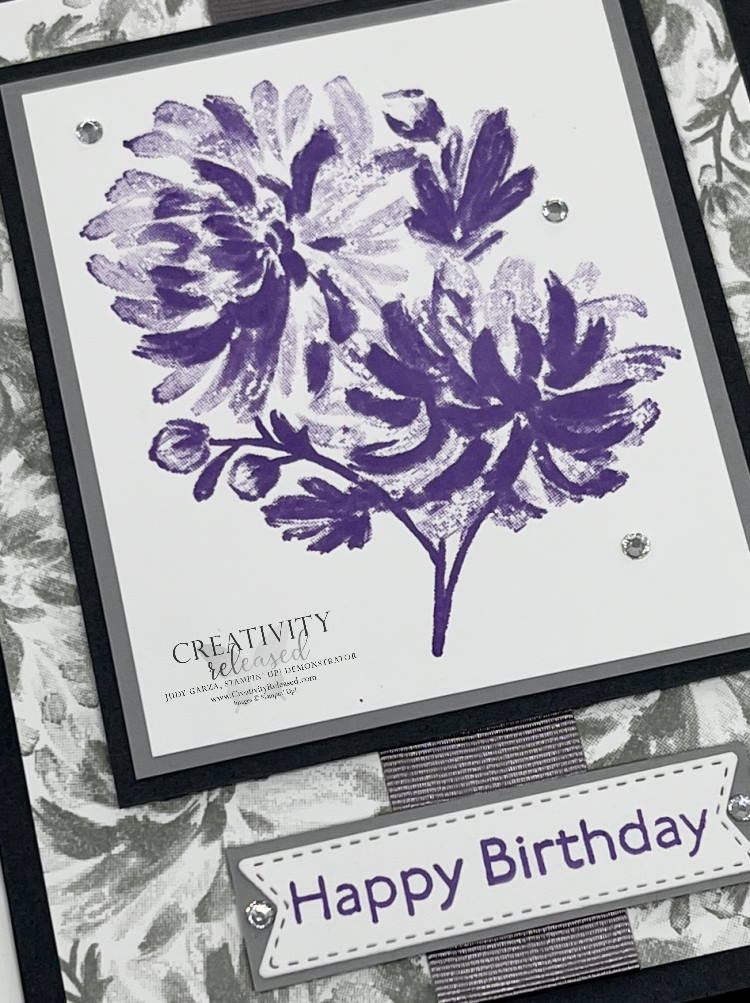 An up-close look at a floral birthday card in grays and Highland Heather by Stampin' Up!