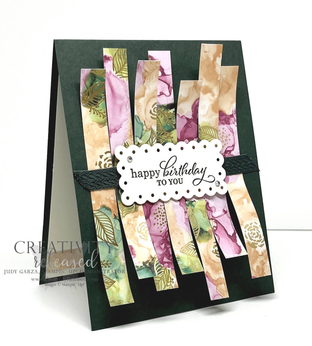 Side view of a cheery birthday card made from scrips of leftover Expressions in Ink Specialty designer paper by Stampin' Up!