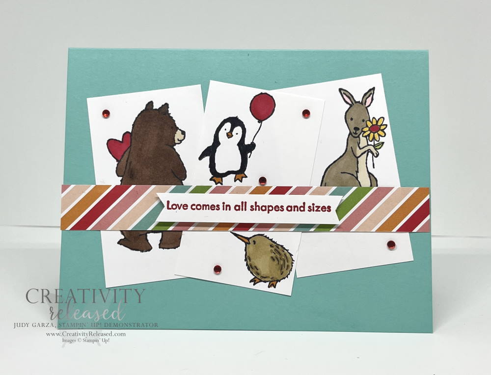 A greeting card with four different animals that reads, "Love comes in all shapes and sizes."